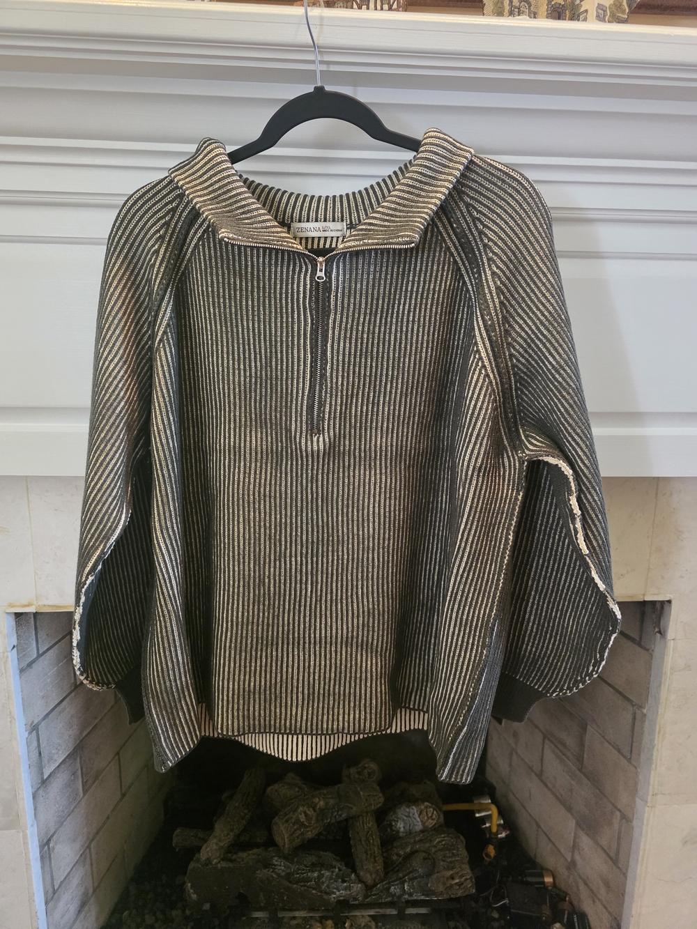 Zenana Outfitters Striped Cowl Zip Pullover - Army Green & Cream